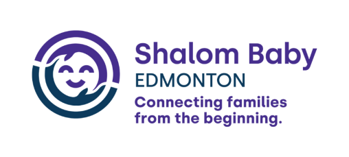 Logo for "Shalom Baby Edmonton," featuring a smiling face within a circular design, with the tagline "Connecting families from the beginning."
