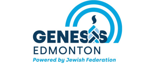 Logo featuring the text "GENESIS EDMONTON" in bold black letters, with a blue flame symbol above and the phrase "Powered by Jewish Federation" below.
