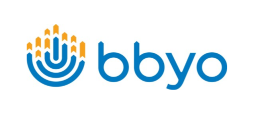 Logo of BBYO, featuring a stylized menorah with orange flames above blue text reading "bbyo." The design is modern and colorful.