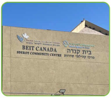A building exterior featuring a sign that reads "Beit Canada Sderot Community Centre" in English and Hebrew, with a logo of the Jewish Agency for Israel.