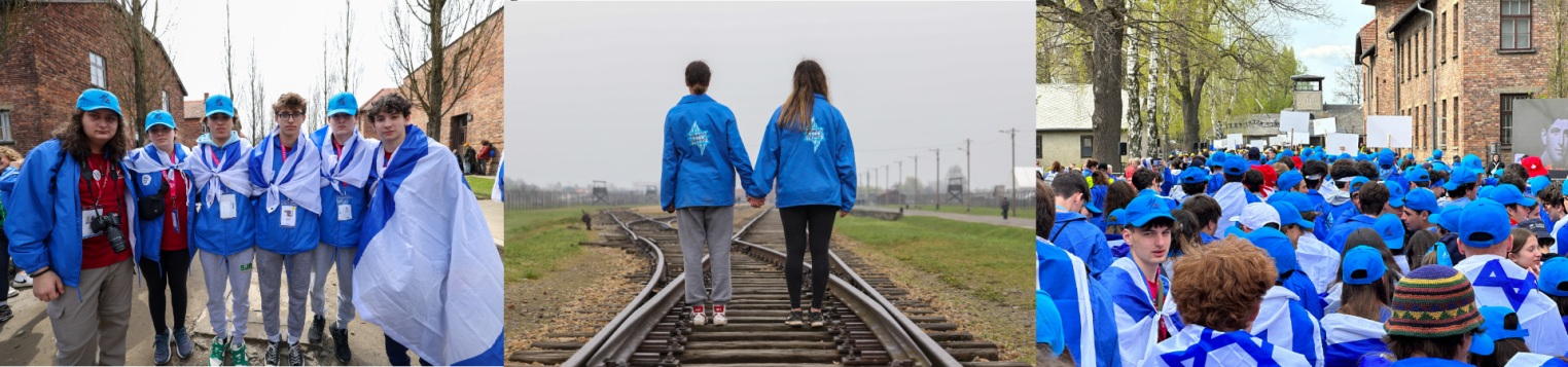 A collage of three images: 1) A group of six young people wearing blue jackets and holding an Israeli flag at a historical site. 2) A couple walking hand-in-hand on train tracks in a somber landscape.