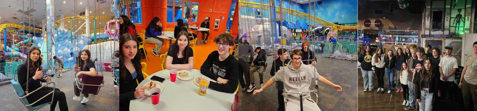 A collage of four images showing a group of teenagers at an amusement center; two girls on swings, a group eating at a table, and a larger group posing together.