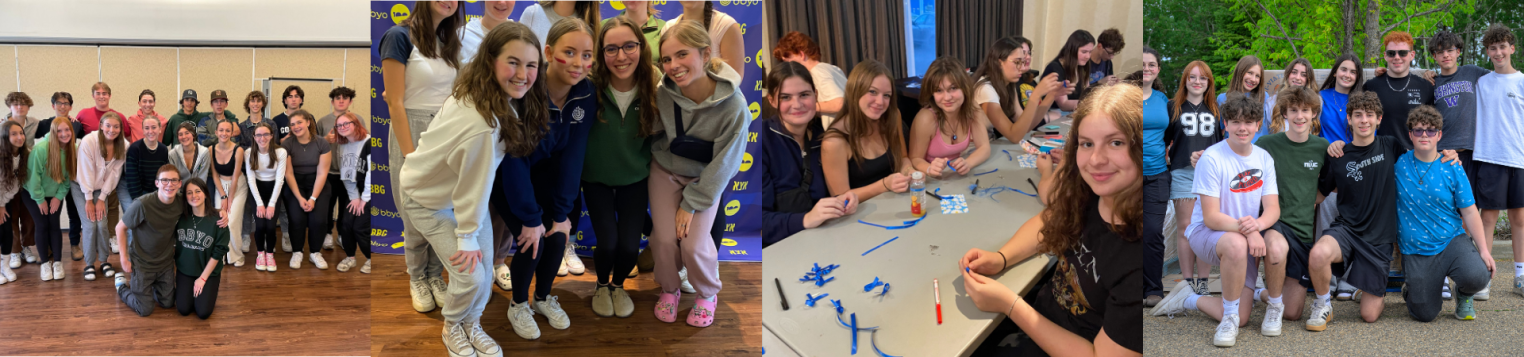 A collage of three images featuring groups of teenagers. The first shows a large group posing indoors, the second features a smaller group with painted faces, and the third captures teens working at a