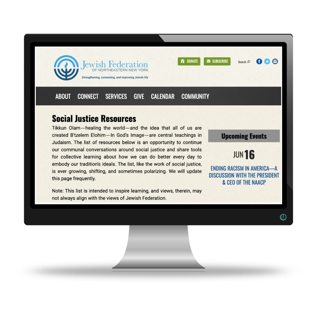Picture of computer with Jewish Federation's Social Justice Resources page pulled up