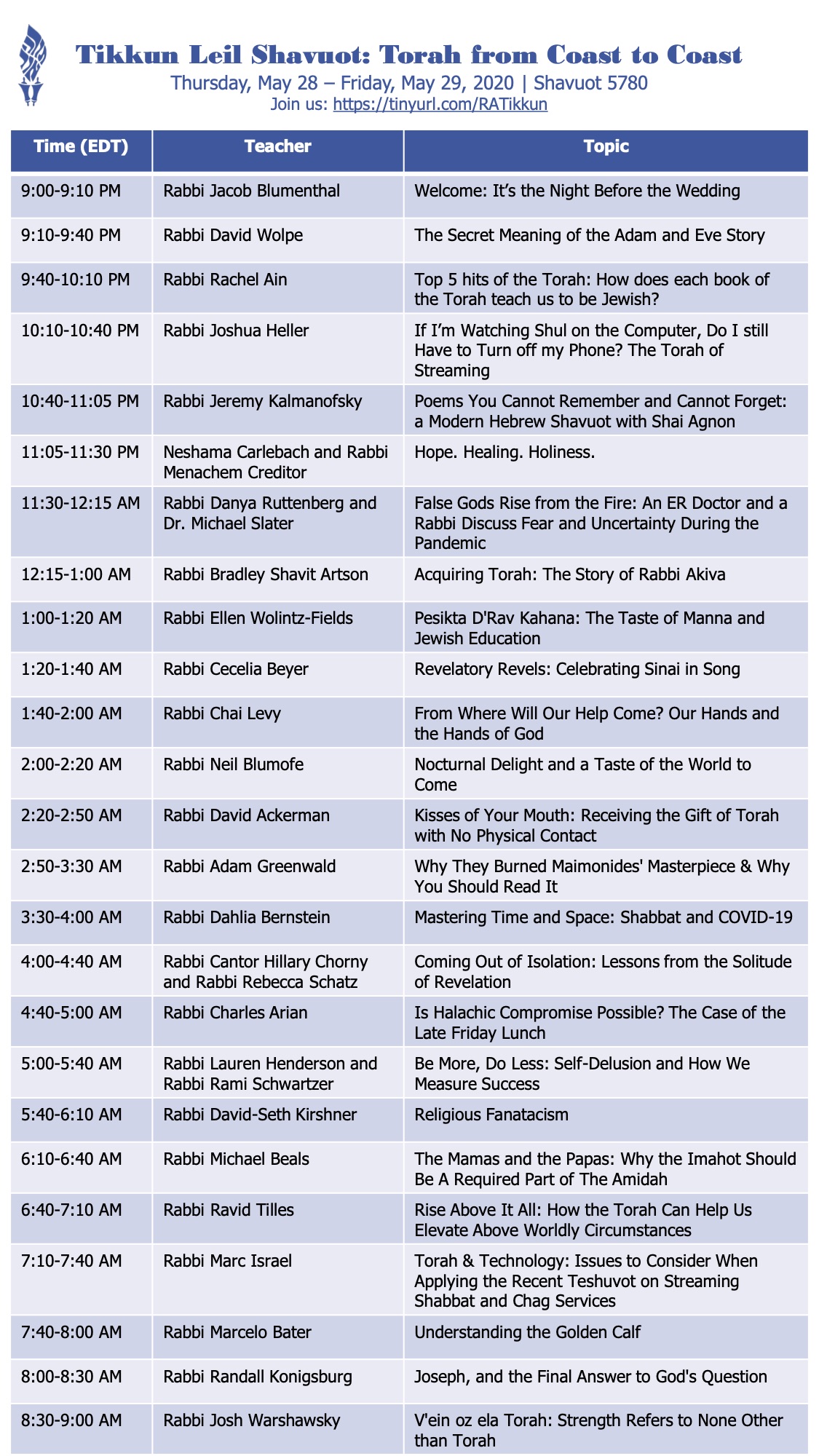 Schedule for event: Shavuot - Torah from Coast to Coast