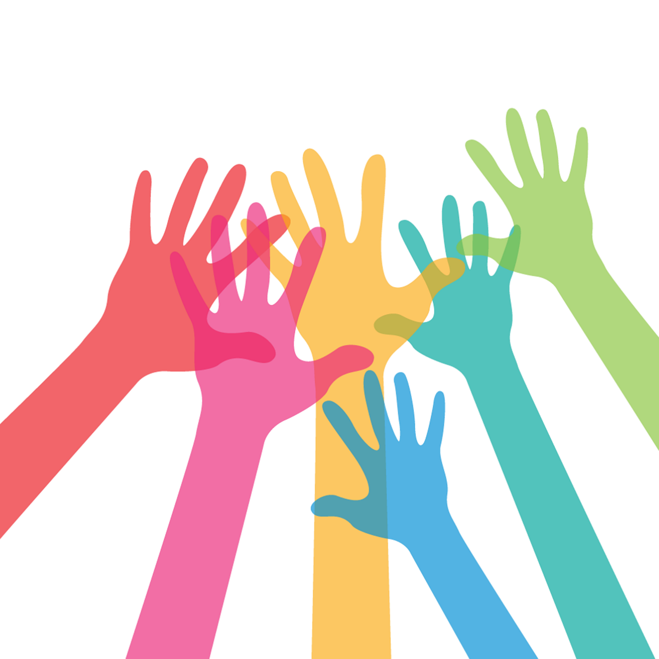 group of different color cartoon hands reaching up