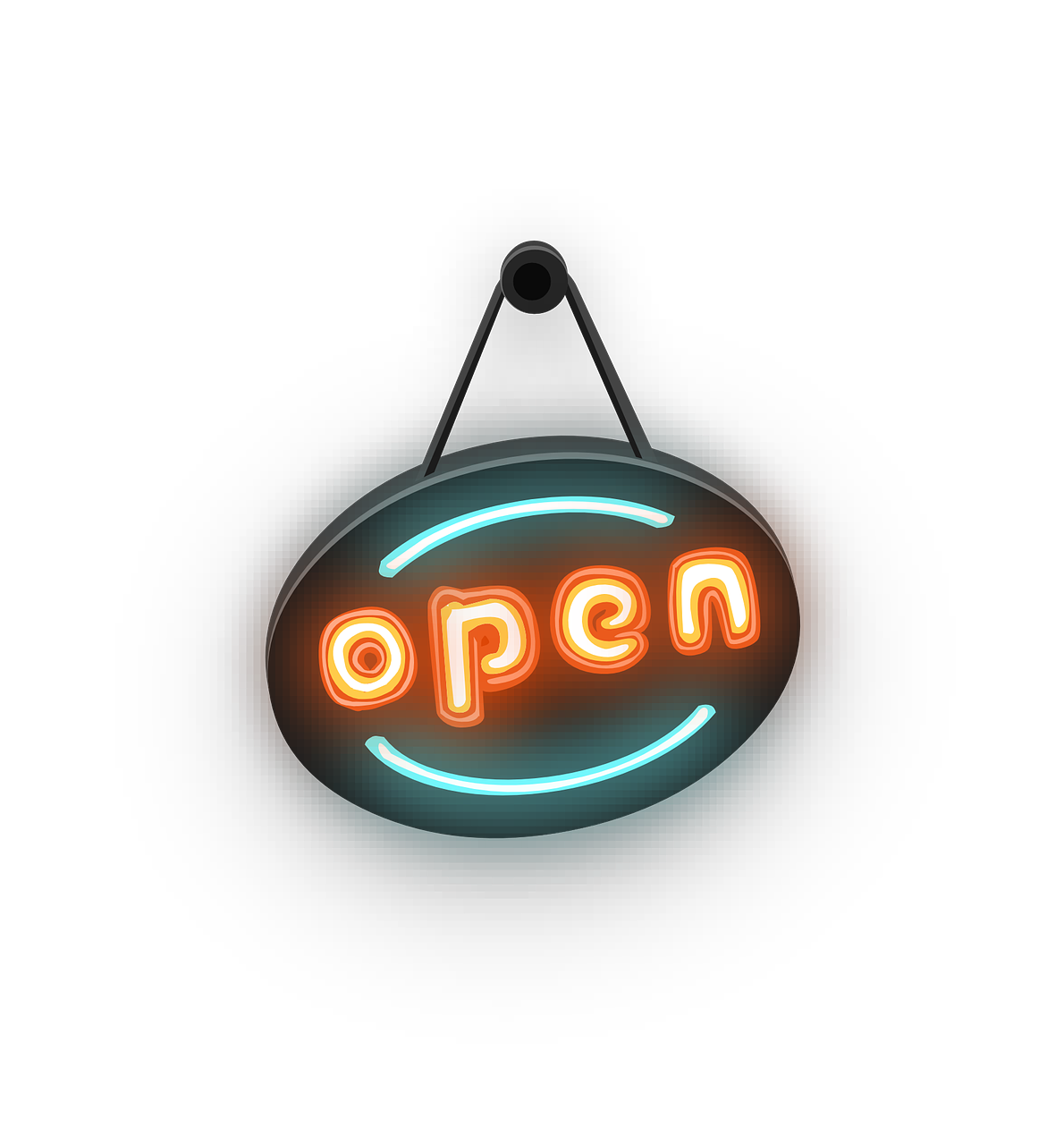 hanging neon sign that says open