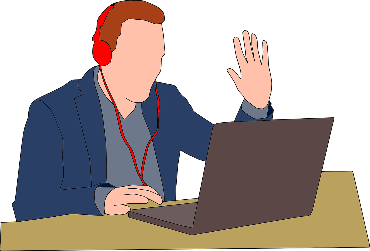 cartoon man with headphones on waving at his laptop