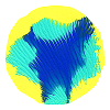 Abstract graphic featuring swirling blue and turquoise lines forming a shape against a yellow circular background.