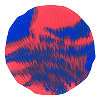 Abstract circular design featuring swirling patterns in red and blue colors against a black background.