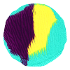 A circular graphic featuring a textured design with vibrant colors: purple, yellow, and turquoise, arranged in a wavy pattern.