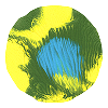 A circular abstract design featuring a blue shape surrounded by green and yellow brush strokes.