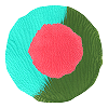 Abstract circular design featuring a central pink circle surrounded by turquoise and green sections, creating a layered effect.