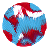 A circular abstract design featuring swirling patterns in red, white, and blue colors with a textured appearance.