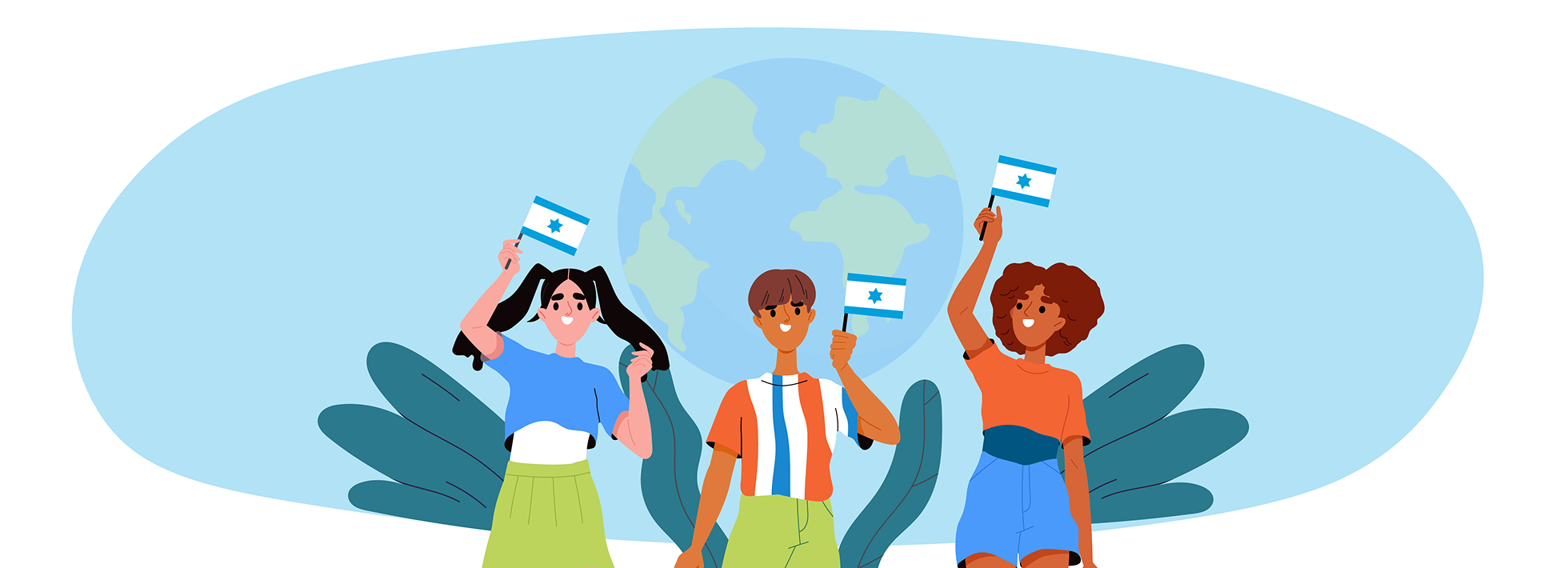 Children celebrating in front of a globe with Israeli flags