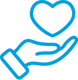 A blue outline of a hand holding a heart above it, symbolizing care or support.