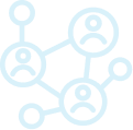 A light blue graphic depicting interconnected circles with stylized human figures, representing a network or community.