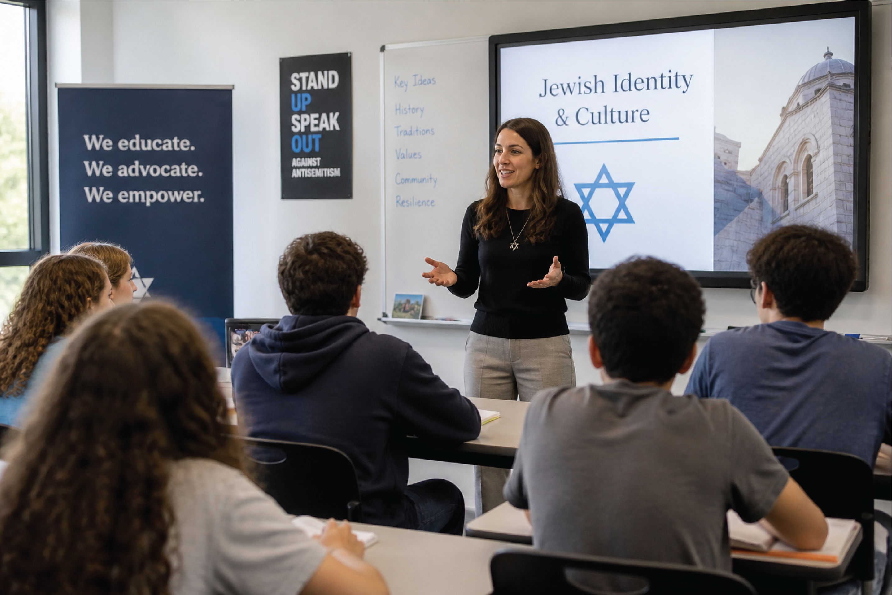 A presenter speaking with a group about Jewish identity and culture